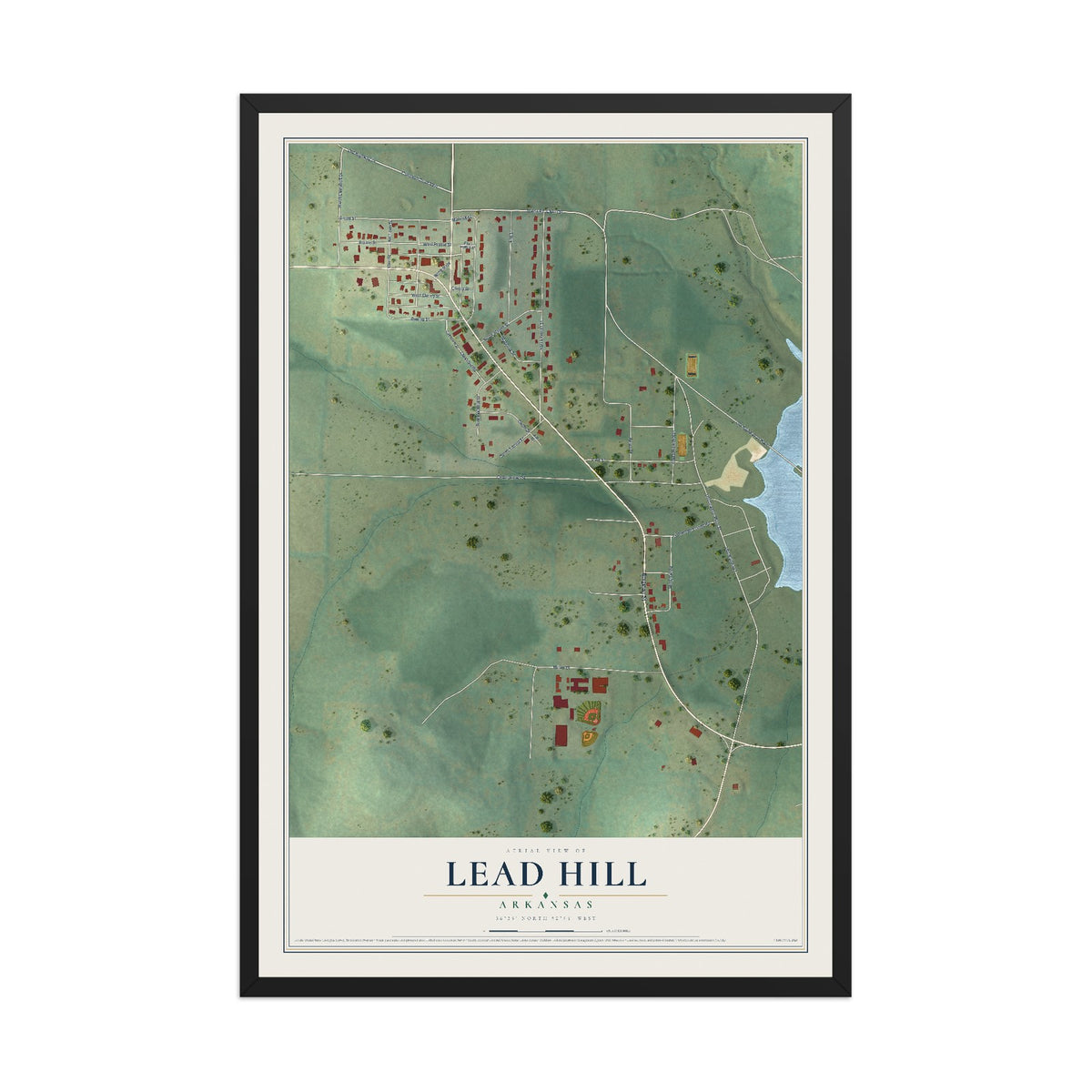 Map of Lead Hill, Arkansas, 12 x 18 inch print in a black wood frame
