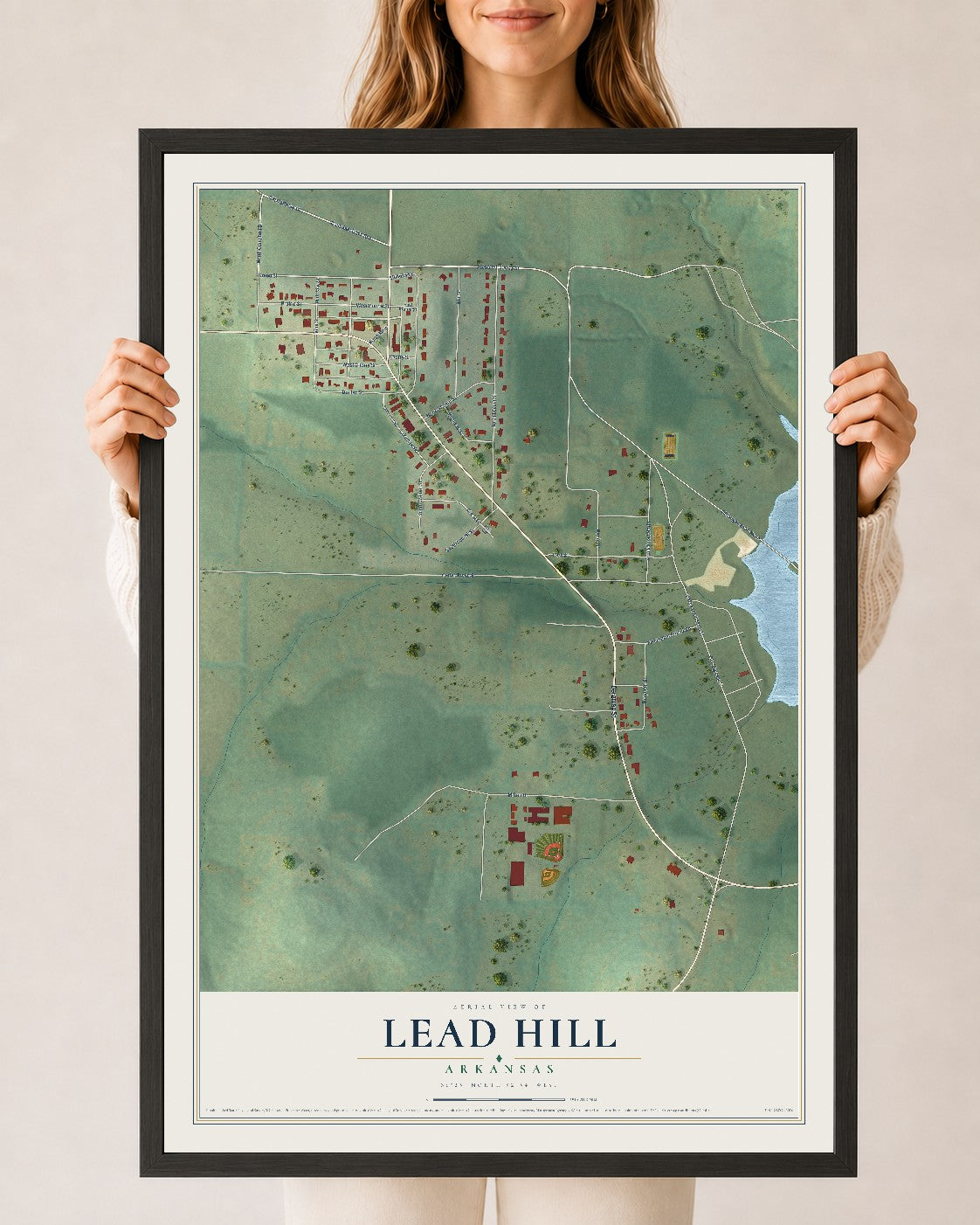 Map of Lead Hill, Arkansas, 24 x 36 inch print in a black wood frame