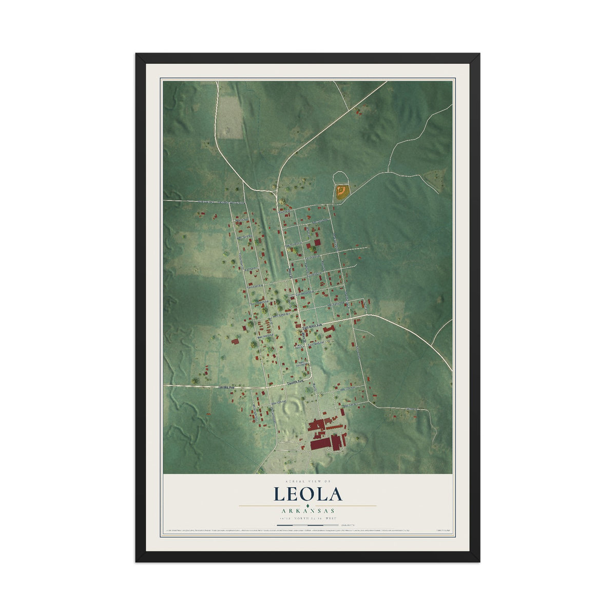 Map of Leola, Arkansas, 12 x 18 inch print in a black wood frame