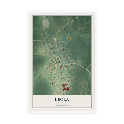 Map of Leola, Arkansas, 12 x 18 inch print in a white wood frame