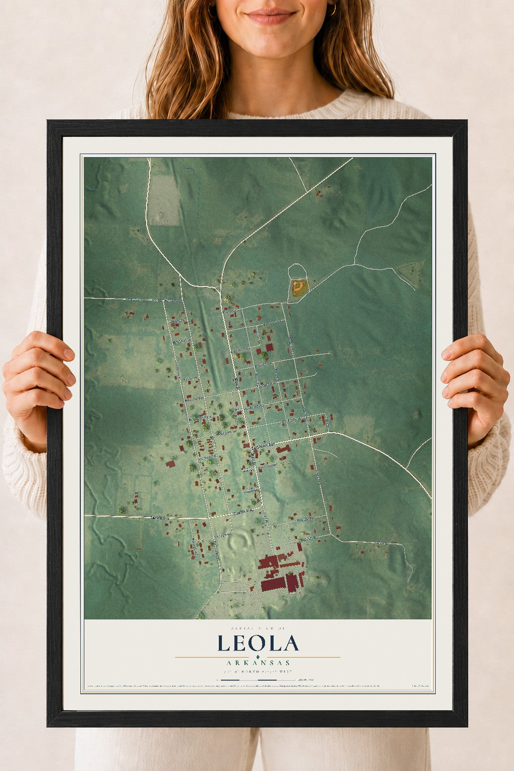 Map of Leola, Arkansas, 18 x 24 inch print in a black wood frame