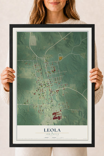 Map of Leola, Arkansas, 18 x 24 inch print in a black wood frame