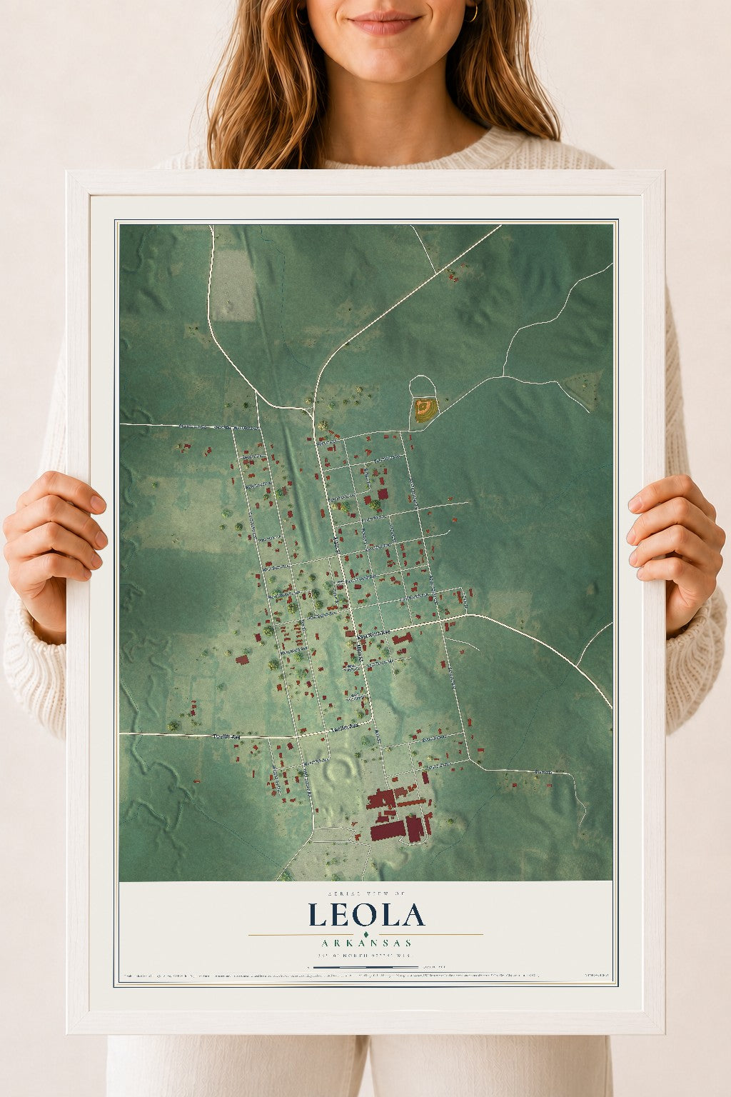 Map of Leola, Arkansas, 18 x 24 inch print in a white wood frame