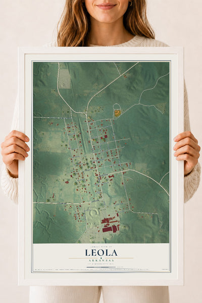Map of Leola, Arkansas, 18 x 24 inch print in a white wood frame