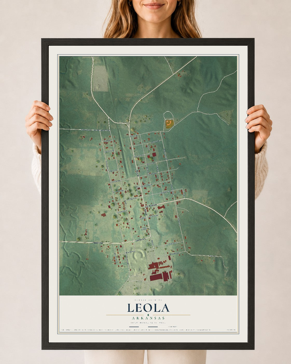 Map of Leola, Arkansas, 24 x 36 inch print in a black wood frame