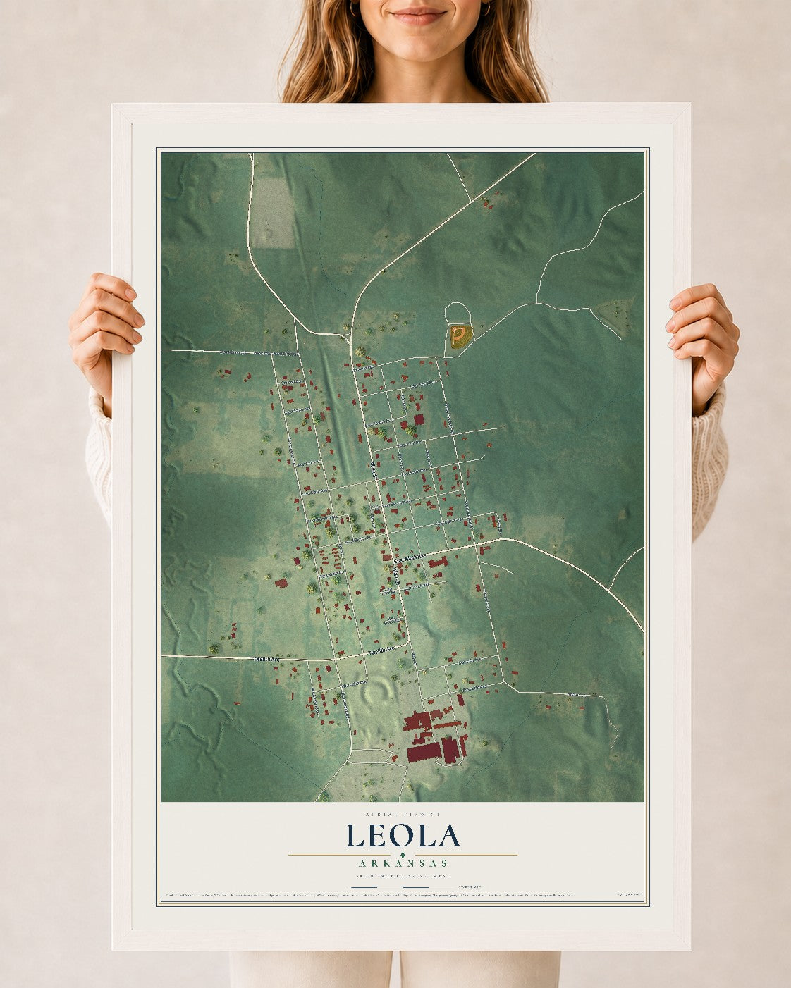 Map of Leola, Arkansas, 24 x 36 inch print in a white wood frame