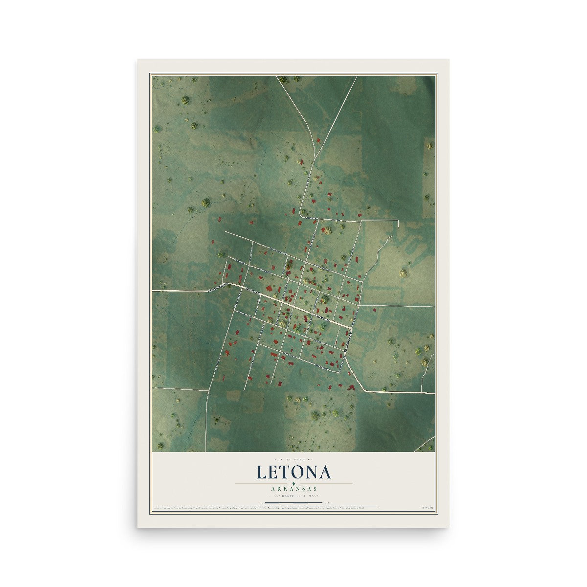 Map of Letona, Arkansas, 12 x 18 inch unframed archival matte print