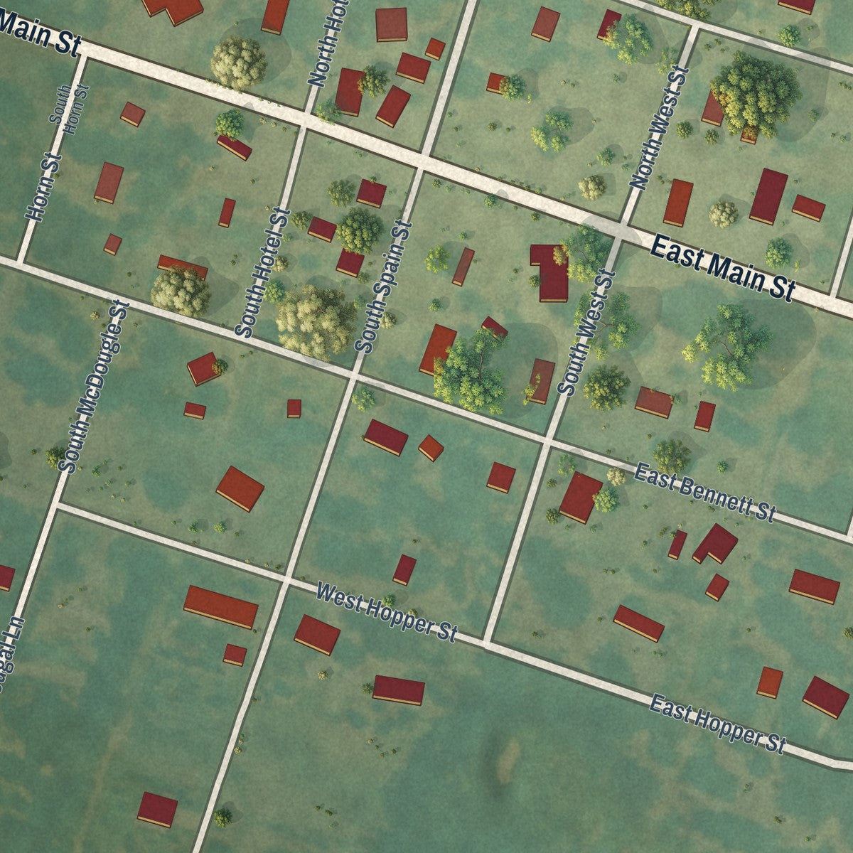 Close-up of the map of Letona, Arkansas print showing street and building detail