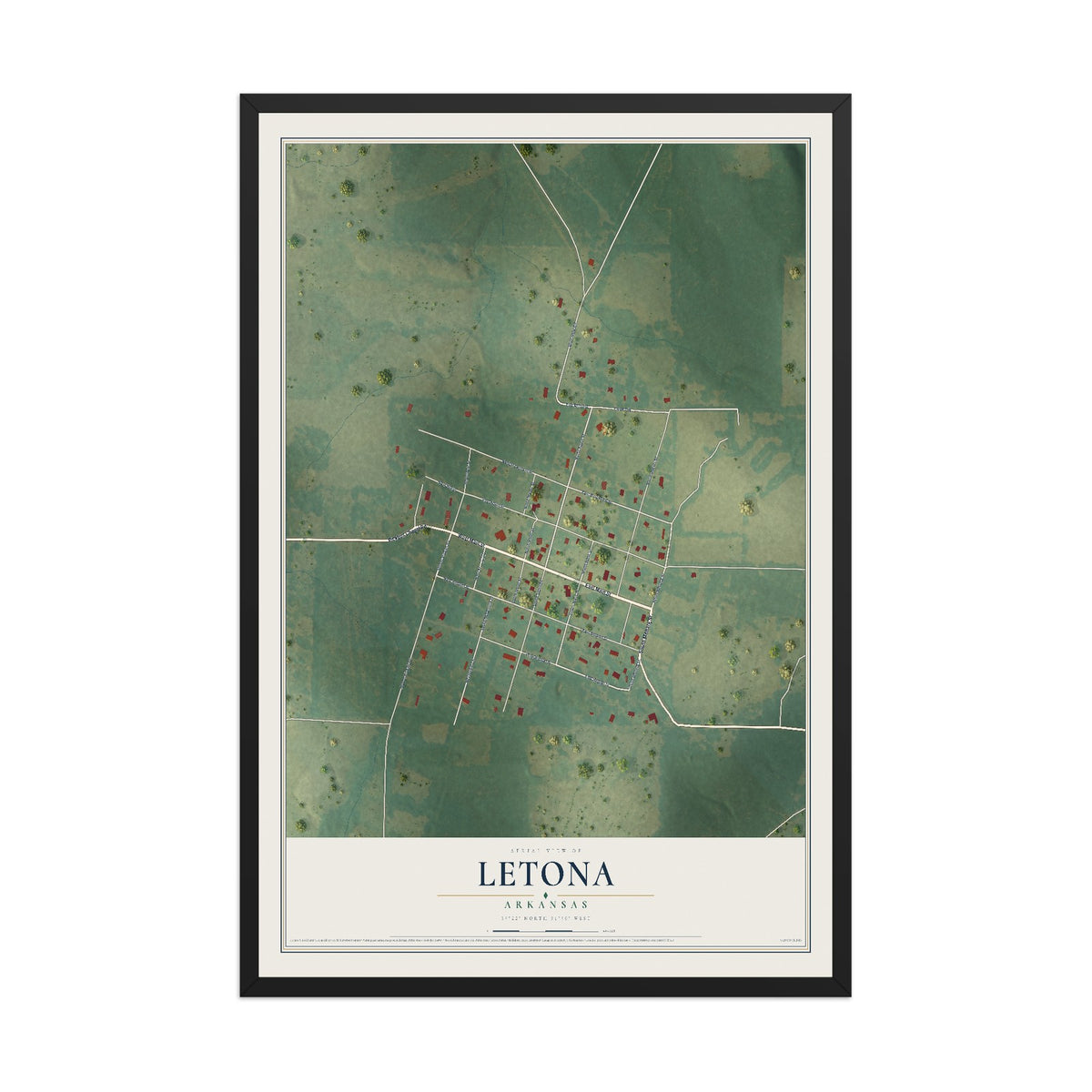 Map of Letona, Arkansas, 12 x 18 inch print in a black wood frame