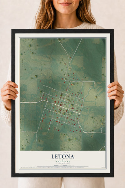 Map of Letona, Arkansas, 18 x 24 inch print in a black wood frame