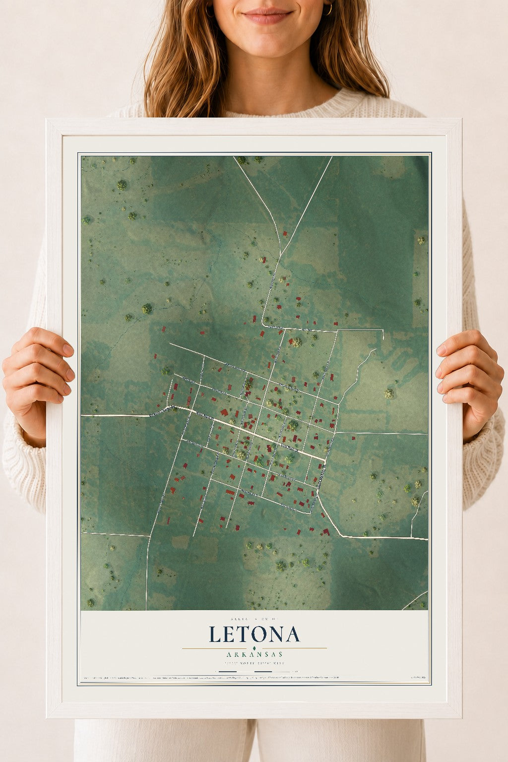 Map of Letona, Arkansas, 18 x 24 inch print in a white wood frame