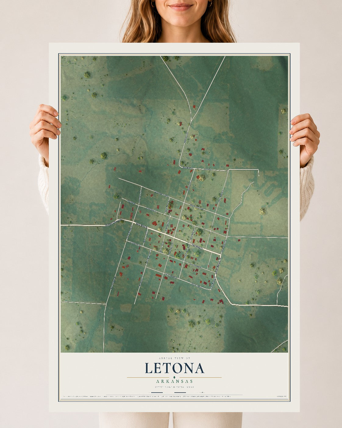 Map of Letona, Arkansas, 24 x 36 inch unframed archival matte print