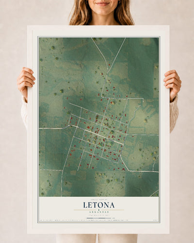 Map of Letona, Arkansas, 24 x 36 inch print in a white wood frame