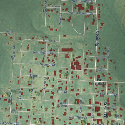 Close-up of the map of Lewisville, Arkansas print showing street and building detail