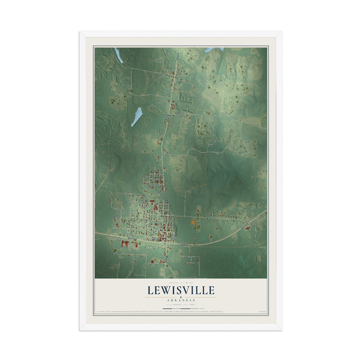 Map of Lewisville, Arkansas, 12 x 18 inch print in a white wood frame