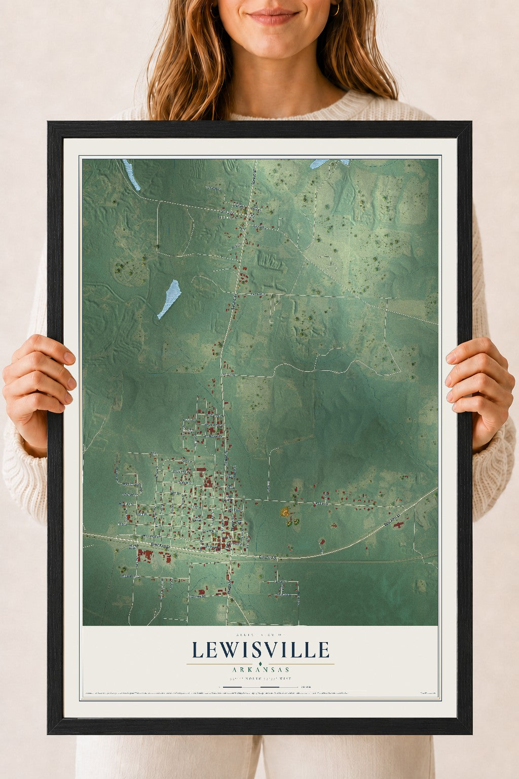 Map of Lewisville, Arkansas, 18 x 24 inch print in a black wood frame