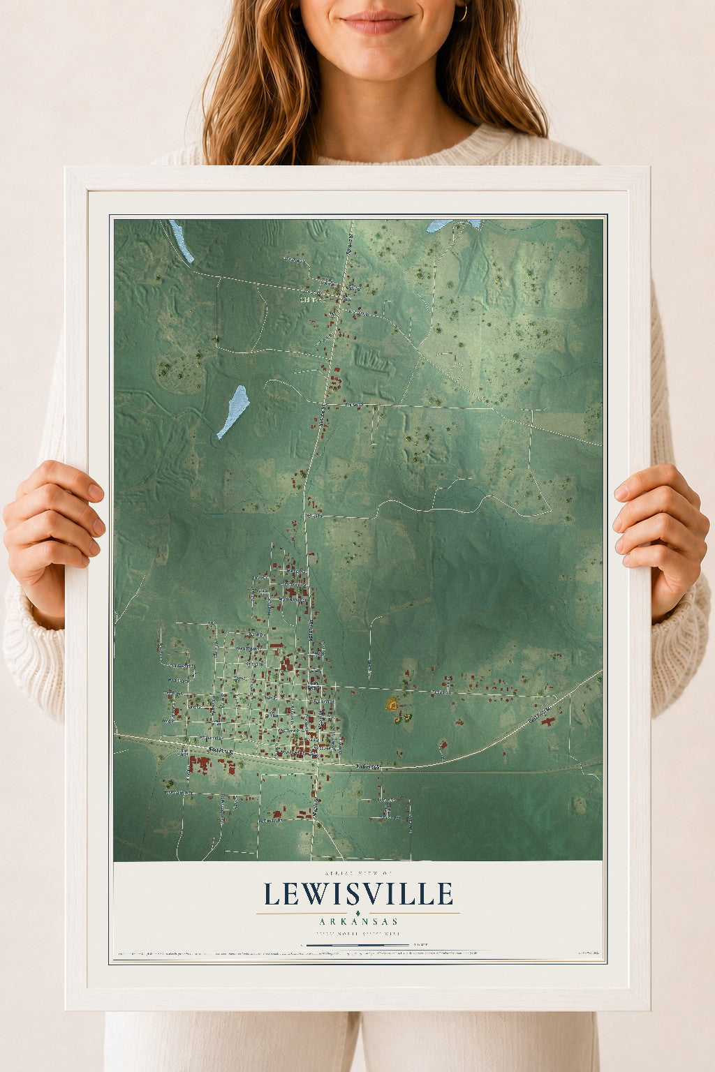 Map of Lewisville, Arkansas, 18 x 24 inch print in a white wood frame