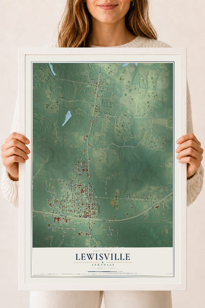 Map of Lewisville, Arkansas, 18 x 24 inch print in a white wood frame