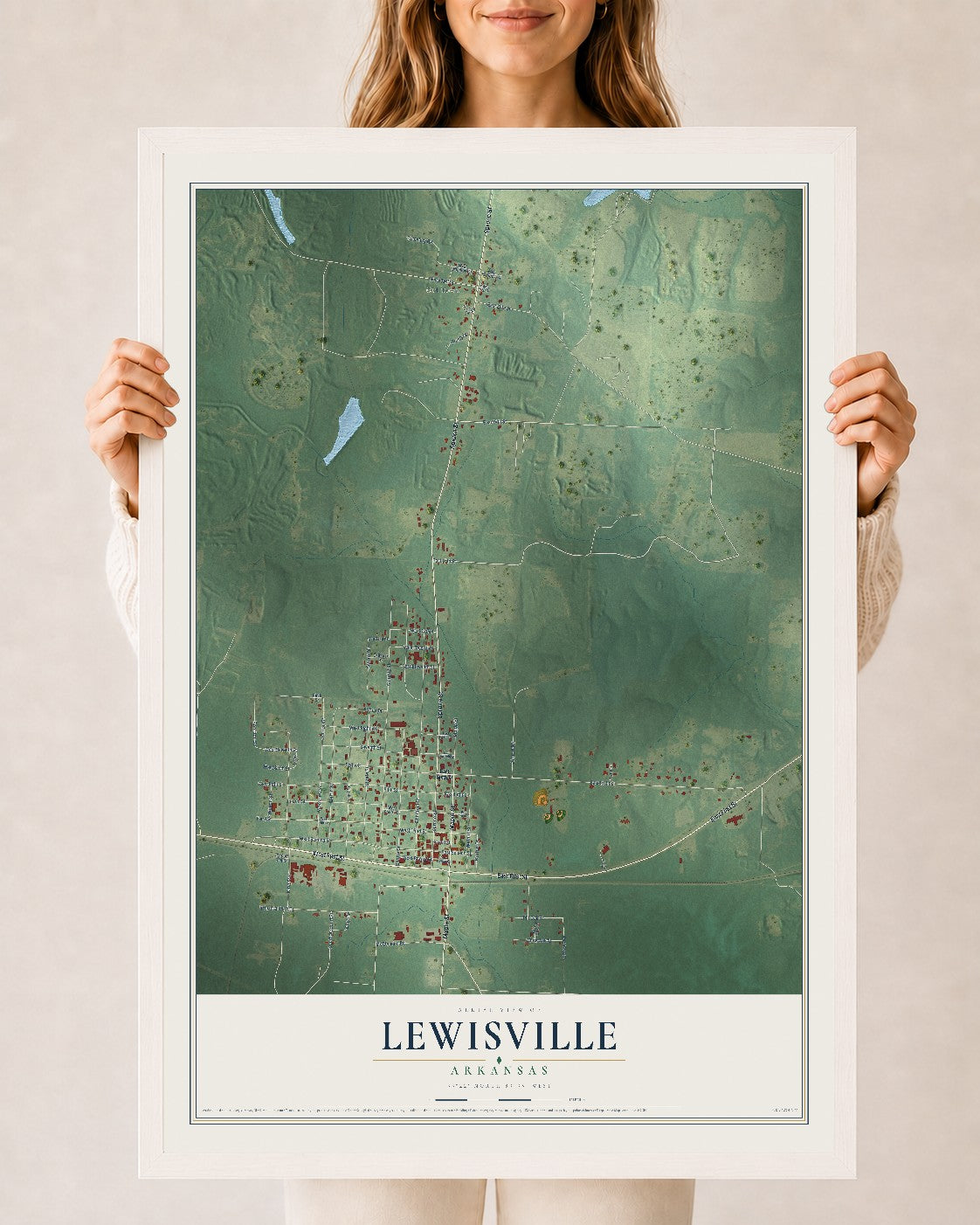 Map of Lewisville, Arkansas, 24 x 36 inch print in a white wood frame