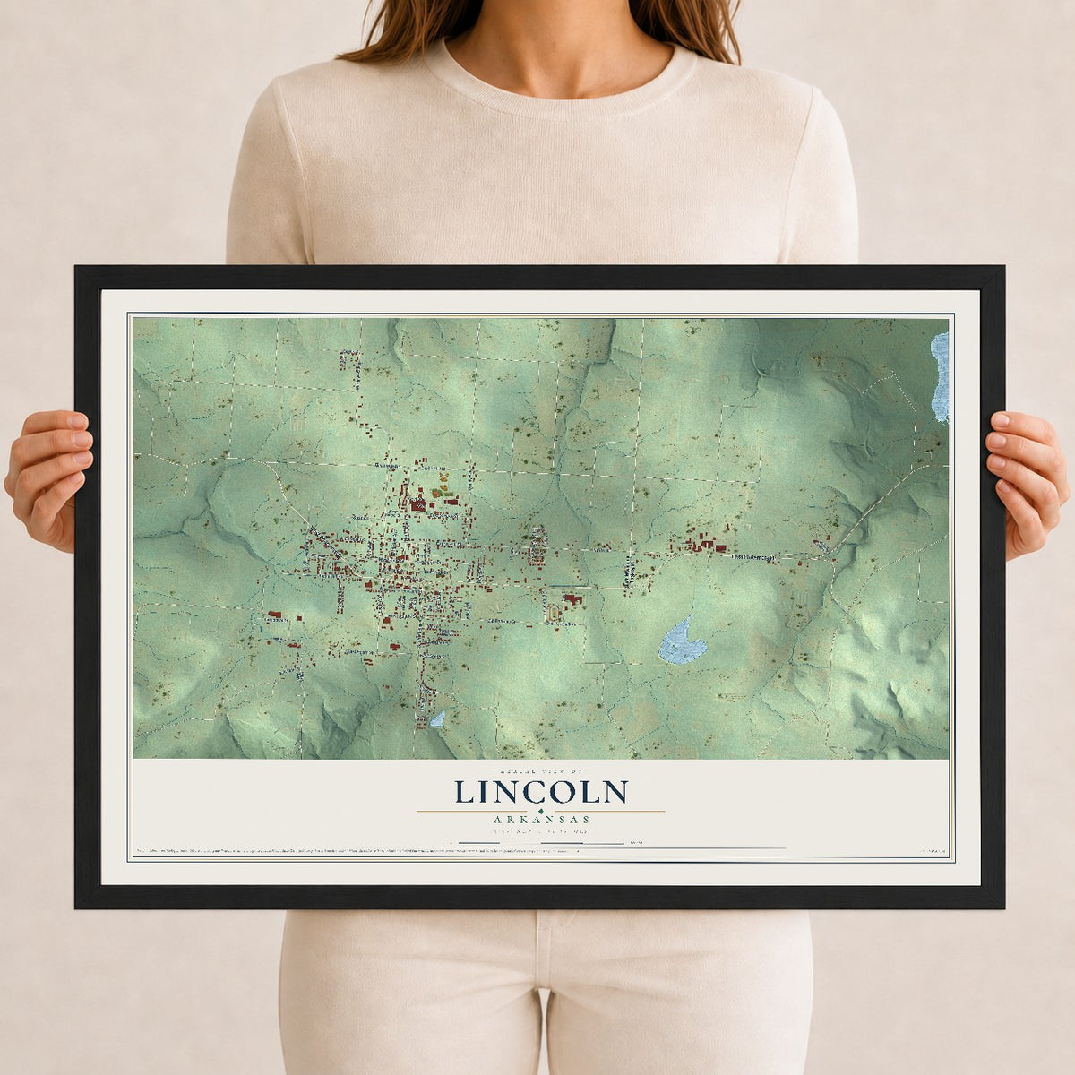 Map of Lincoln, Arkansas, 12 x 18 inch print in a black wood frame