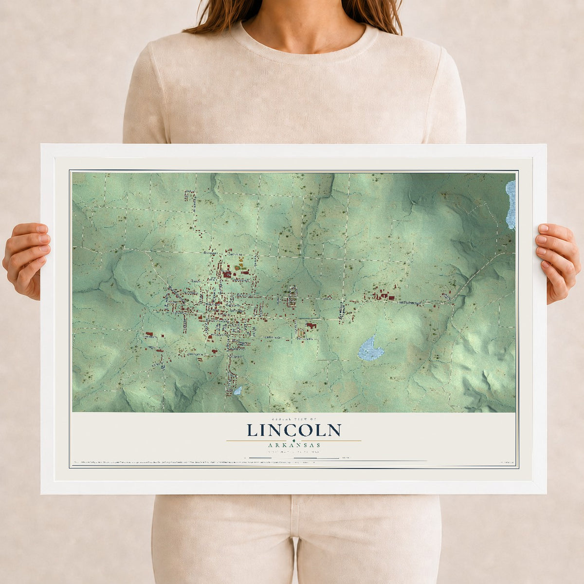 Map of Lincoln, Arkansas, 12 x 18 inch print in a white wood frame