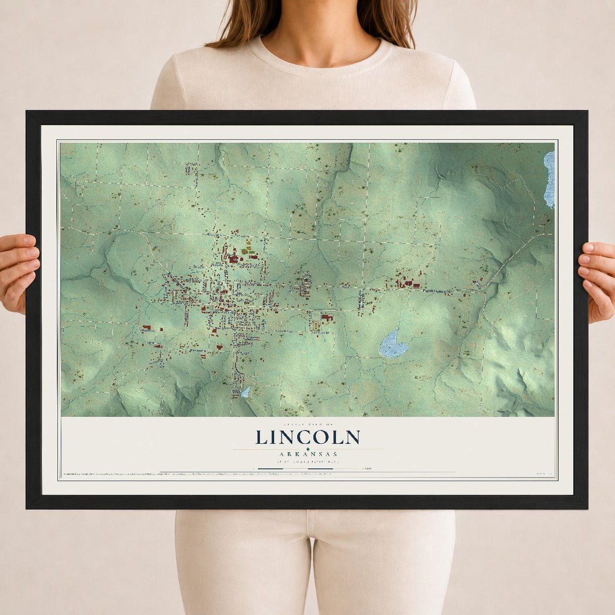 Map of Lincoln, Arkansas, 18 x 24 inch print in a black wood frame