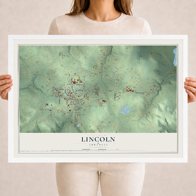 Map of Lincoln, Arkansas, 18 x 24 inch print in a white wood frame