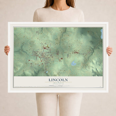 Map of Lincoln, Arkansas, 24 x 36 inch print in a white wood frame