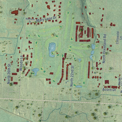 Close-up of the map of Little Flock, Arkansas print showing street and building detail