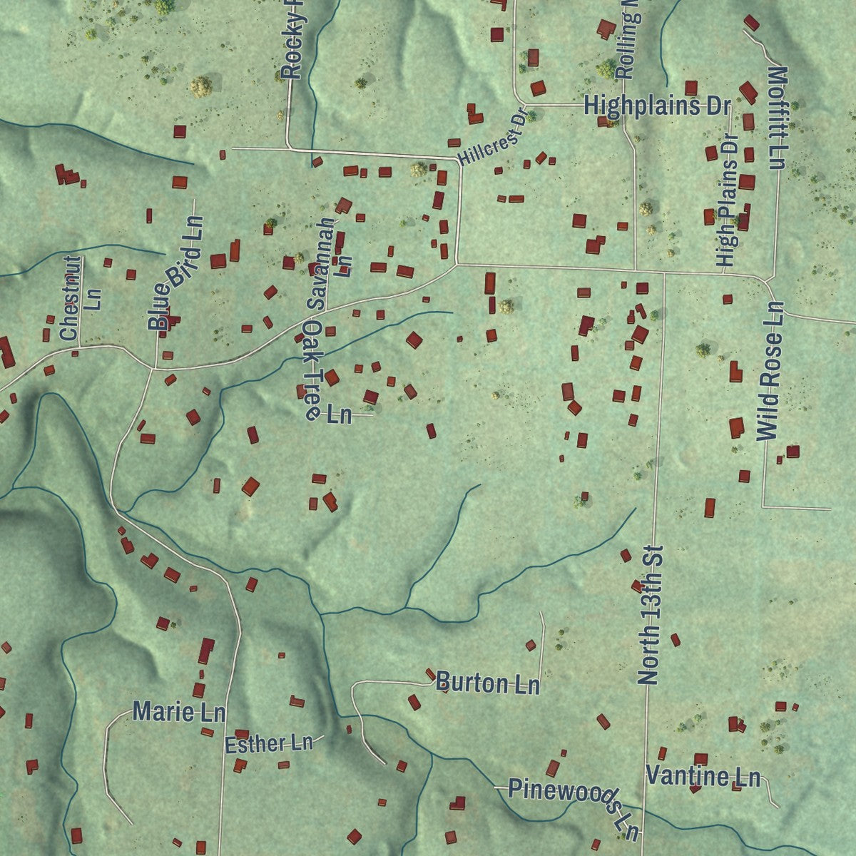 Second close-up of the map of Little Flock, Arkansas print showing more streets and buildings