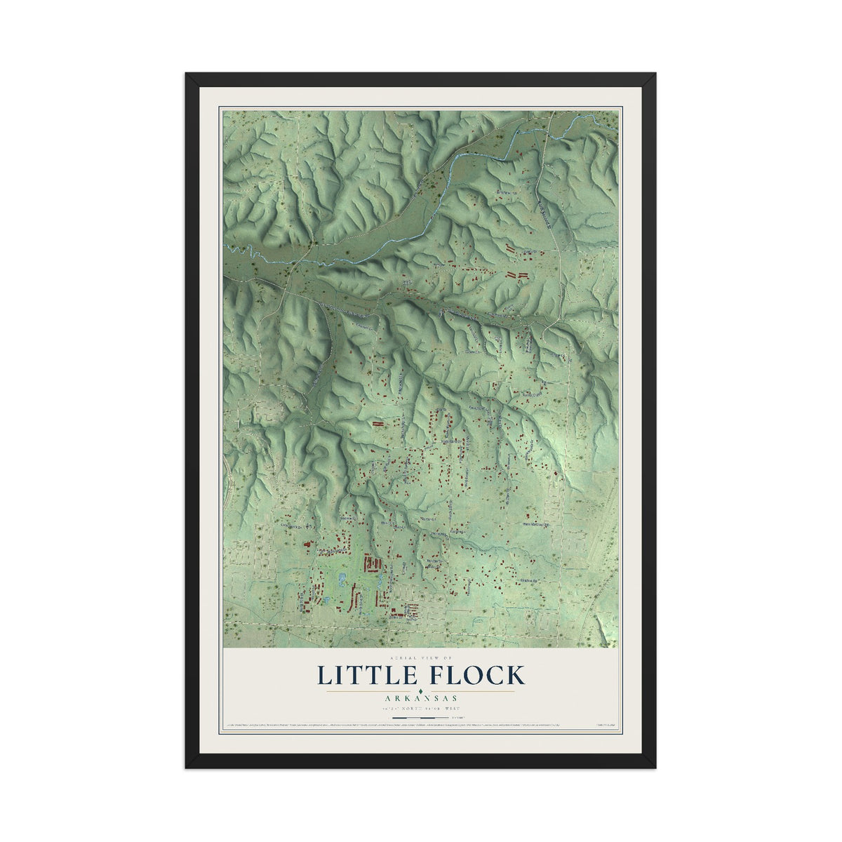 Map of Little Flock, Arkansas, 12 x 18 inch print in a black wood frame