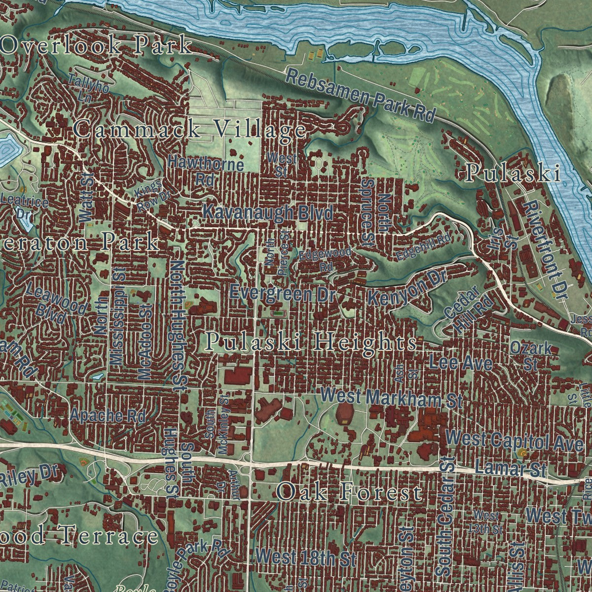Second close-up of the map of Little Rock, Arkansas print showing more streets and buildings