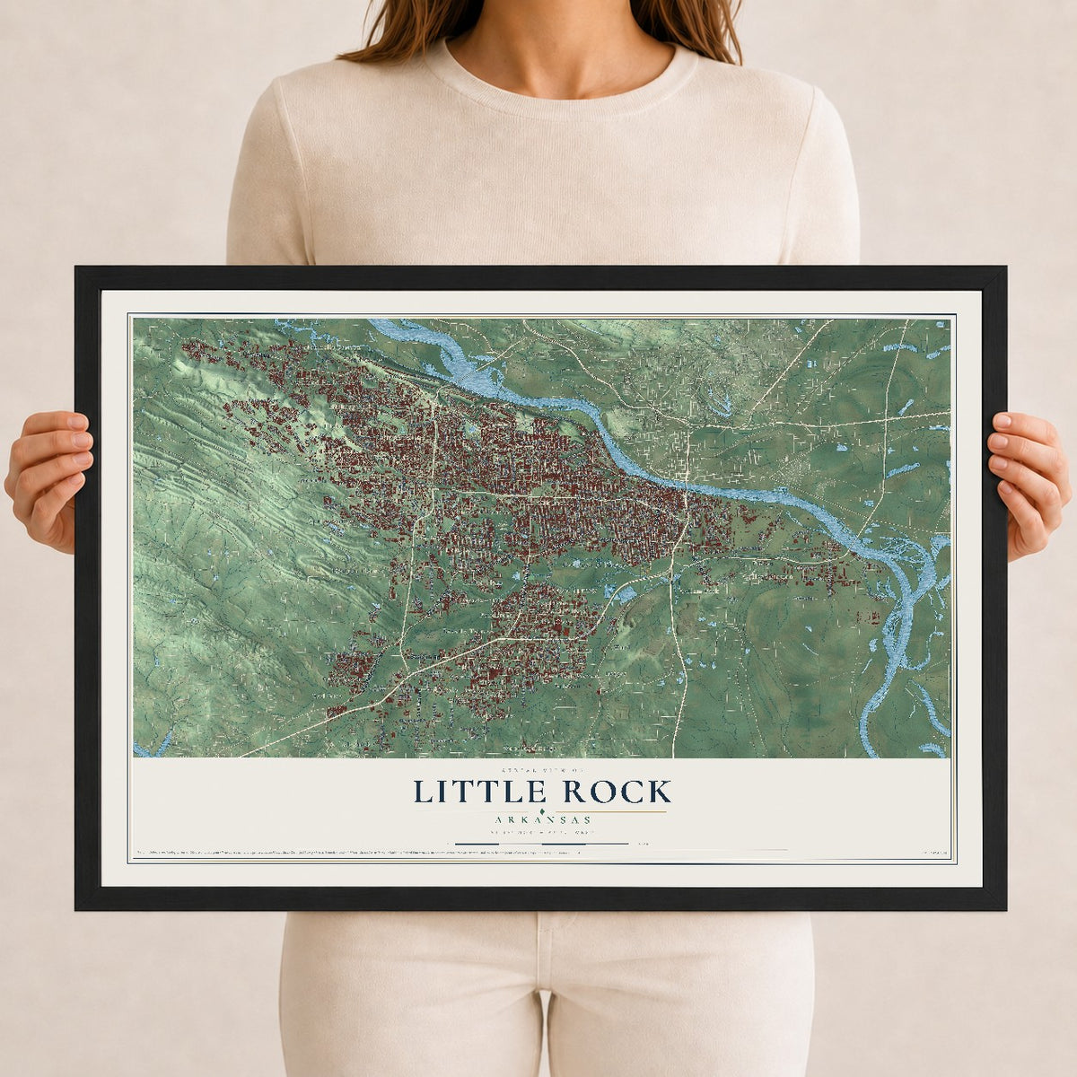 Map of Little Rock, Arkansas, 12 x 18 inch print in a black wood frame