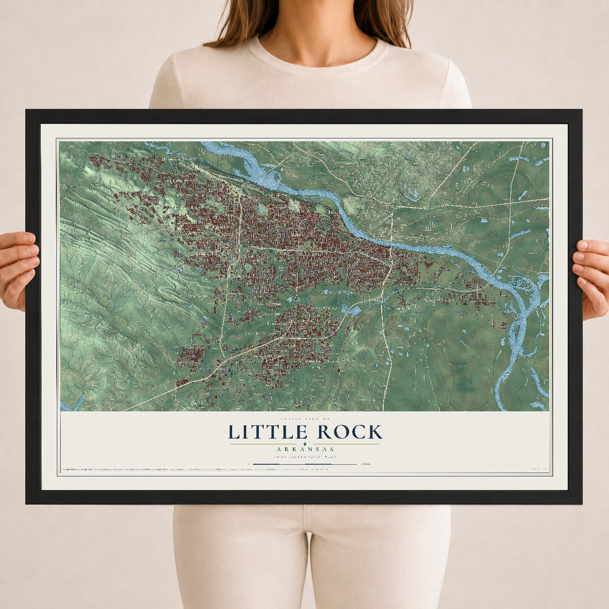 Map of Little Rock, Arkansas, 18 x 24 inch print in a black wood frame