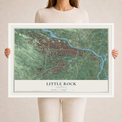 Map of Little Rock, Arkansas, 24 x 36 inch print in a white wood frame
