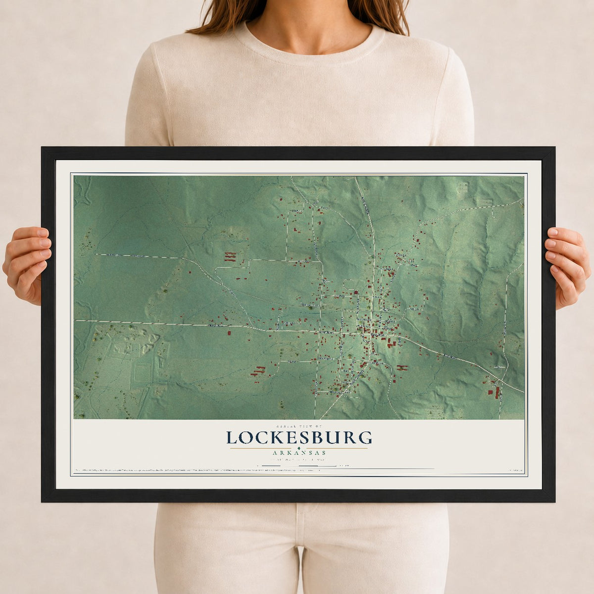 Map of Lockesburg, Arkansas, 12 x 18 inch print in a black wood frame