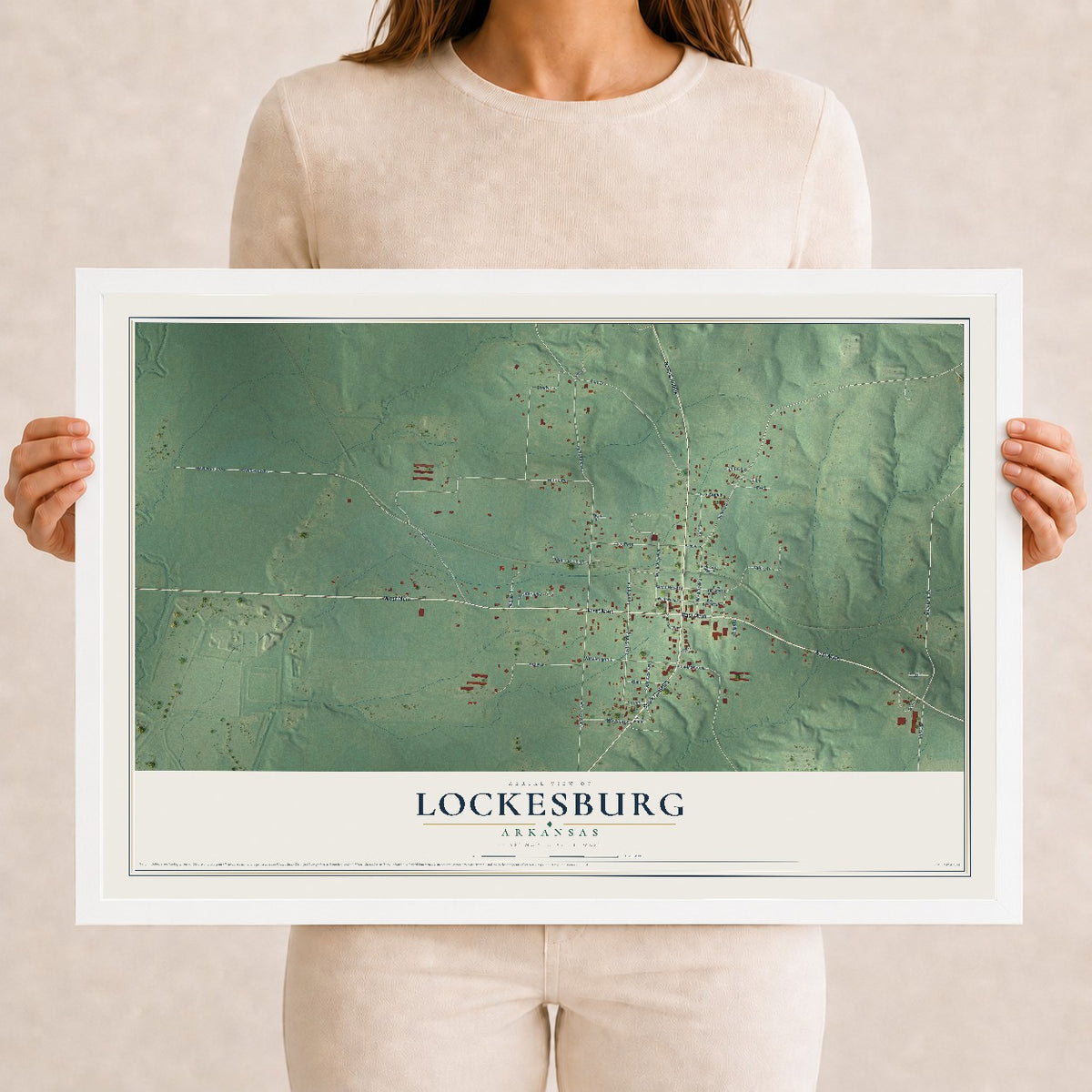 Map of Lockesburg, Arkansas, 12 x 18 inch print in a white wood frame