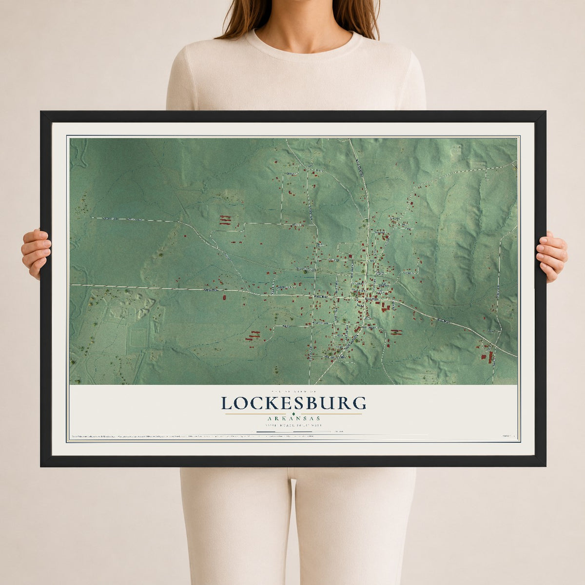 Map of Lockesburg, Arkansas, 24 x 36 inch print in a black wood frame