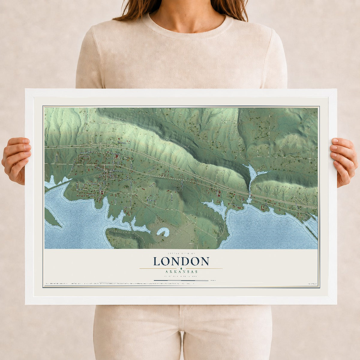 Map of London, Arkansas, 12 x 18 inch print in a white wood frame