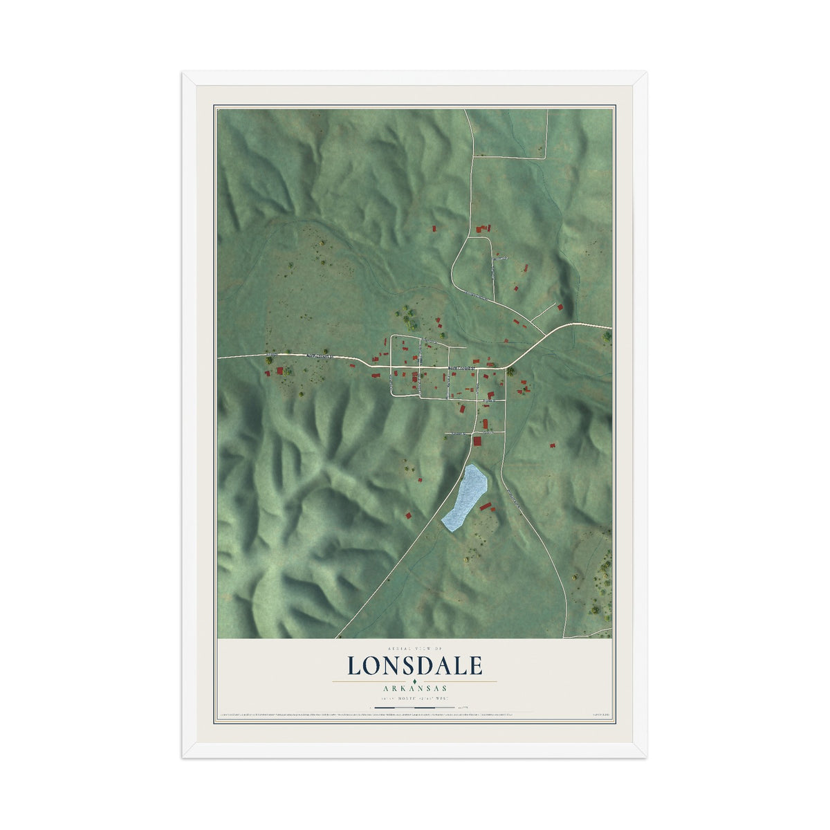 Map of Lonsdale, Arkansas, 12 x 18 inch print in a white wood frame
