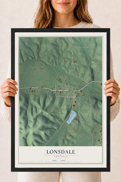 Map of Lonsdale, Arkansas, 18 x 24 inch print in a black wood frame