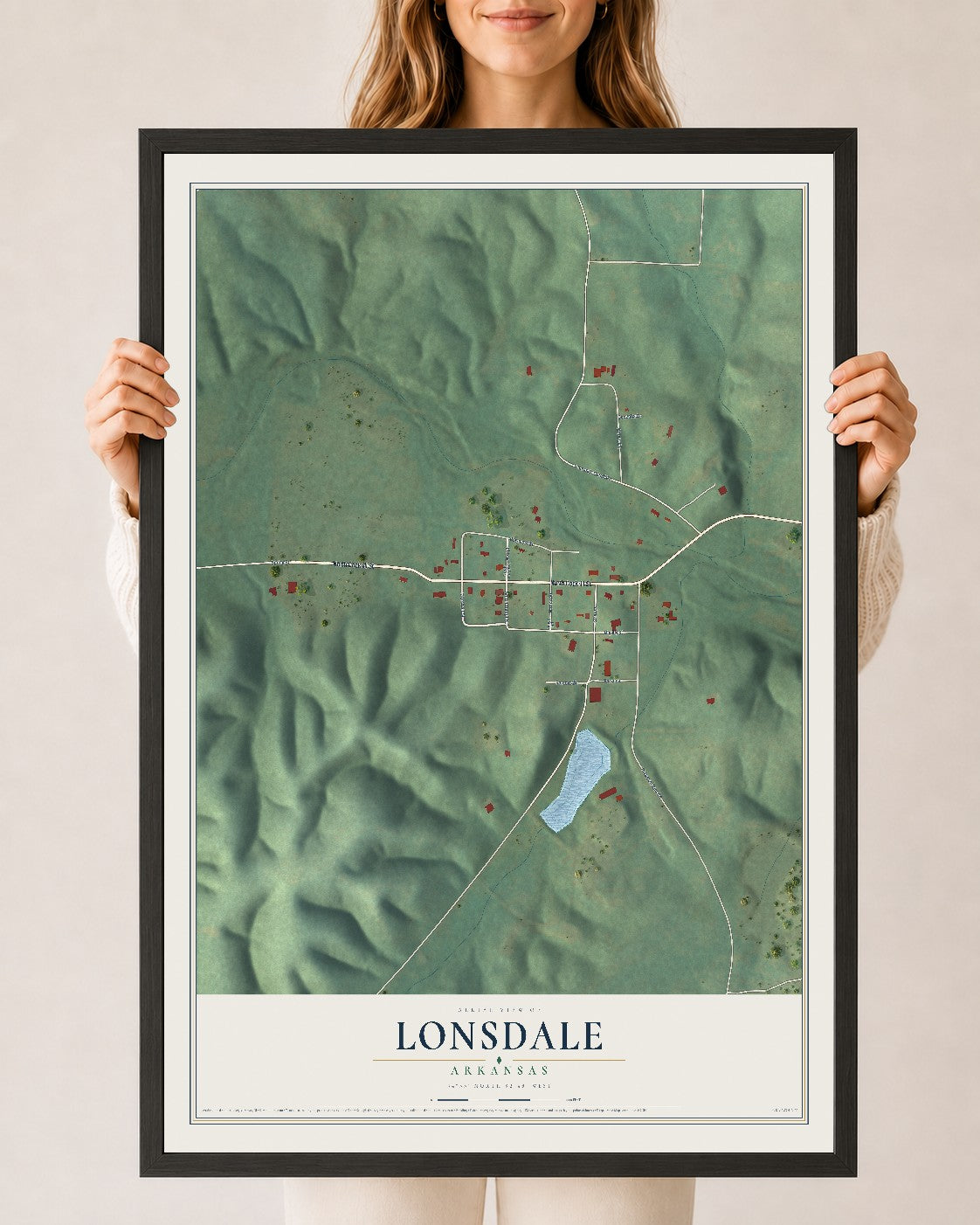 Map of Lonsdale, Arkansas, 24 x 36 inch print in a black wood frame