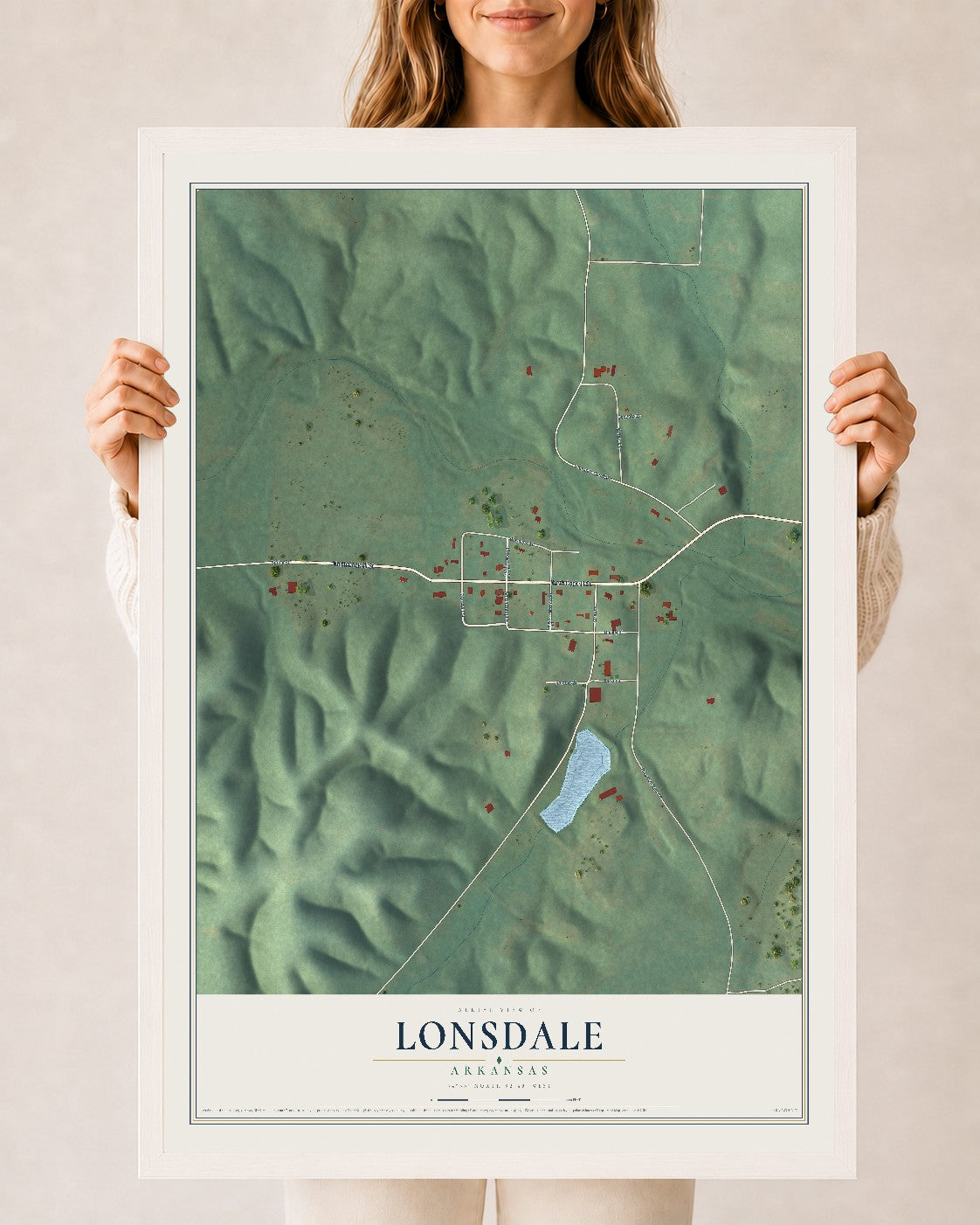 Map of Lonsdale, Arkansas, 24 x 36 inch print in a white wood frame