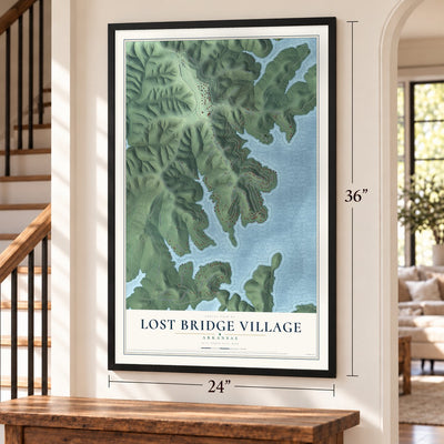 Lost Bridge Village, Arkansas map, 24 x 36 inch print in a black frame by a staircase