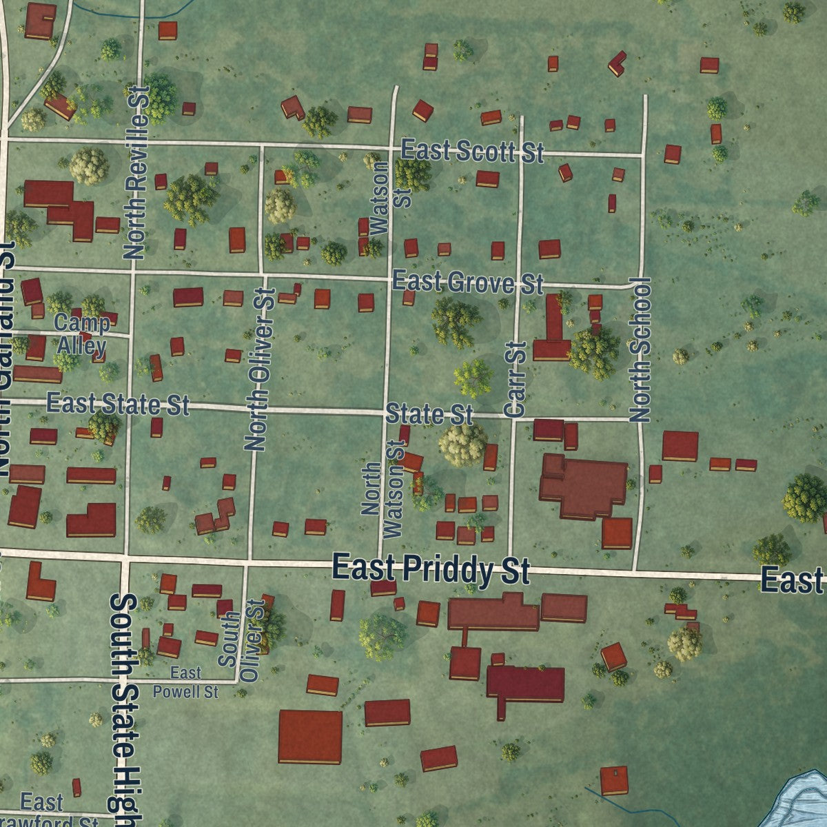 Close-up of the map of Magazine, Arkansas print showing street and building detail