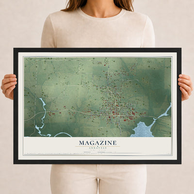 Map of Magazine, Arkansas, 12 x 18 inch print in a black wood frame