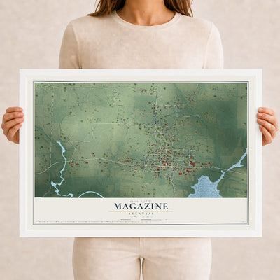 Map of Magazine, Arkansas, 12 x 18 inch print in a white wood frame