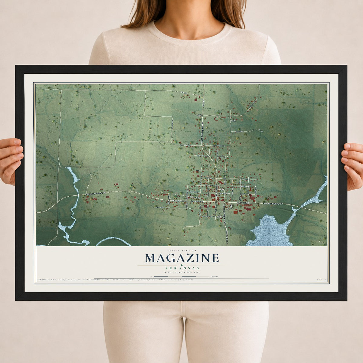 Map of Magazine, Arkansas, 18 x 24 inch print in a black wood frame