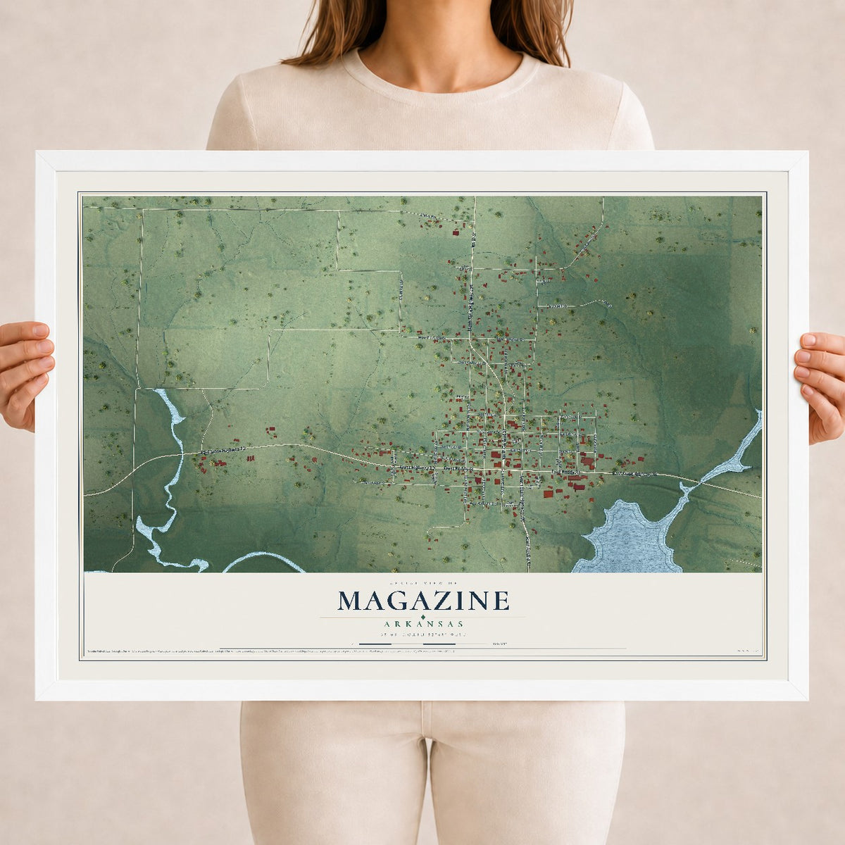 Map of Magazine, Arkansas, 18 x 24 inch print in a white wood frame