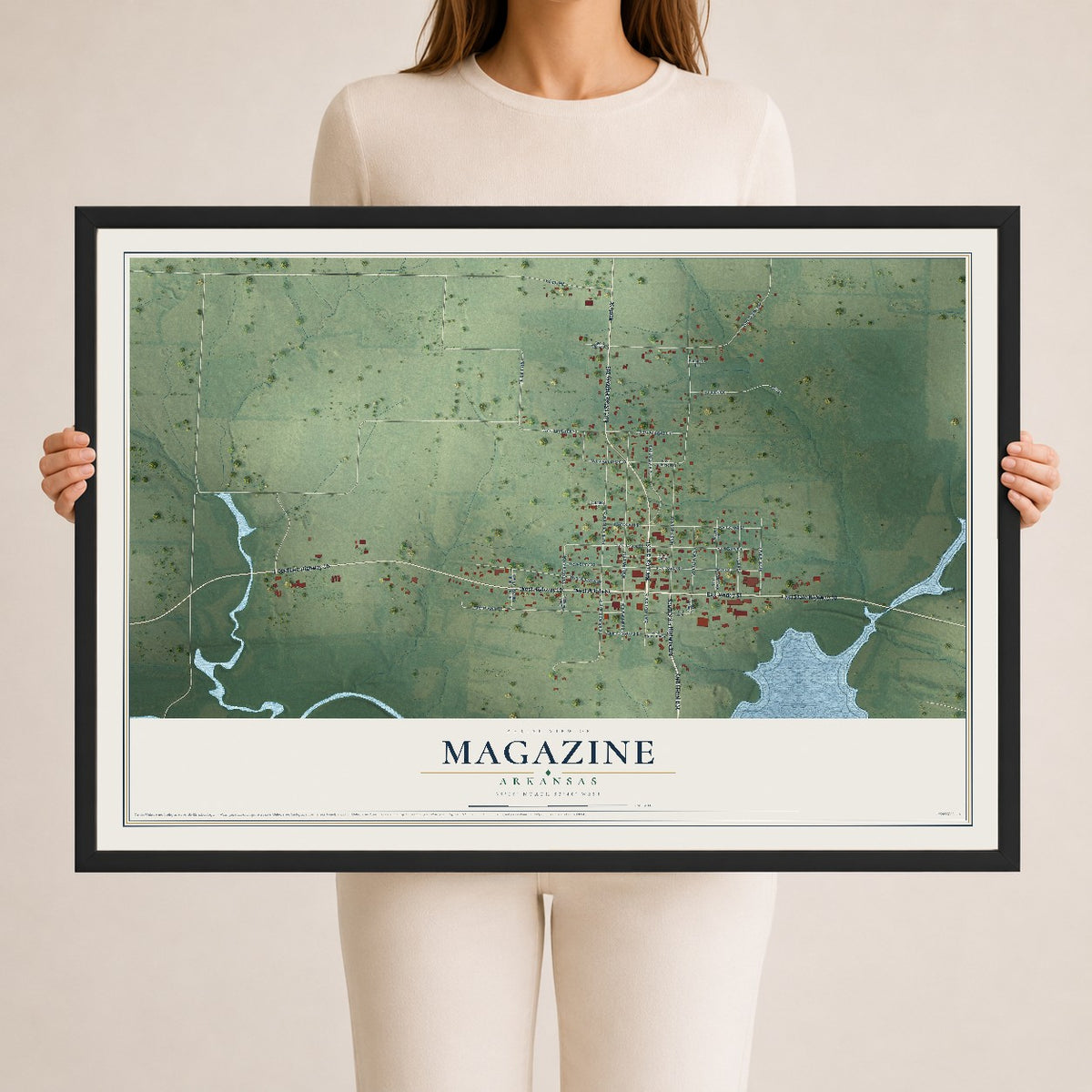 Map of Magazine, Arkansas, 24 x 36 inch print in a black wood frame